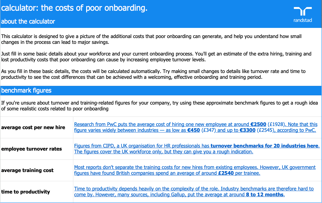 randstad - calculator the costs of poor onboarding